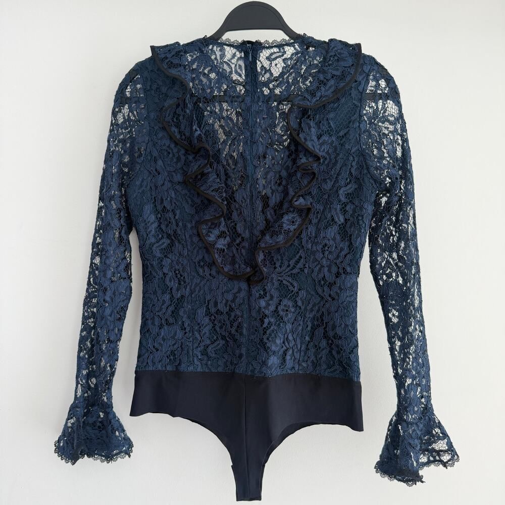 Alexis Bodysuit Womens Small Navy Lace Ruffle Pollie Illusion Long Sleeve Top